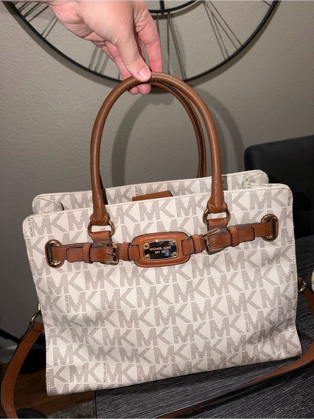 Michael Kors Cream and Brown Signature Satchel with Gold Hardware